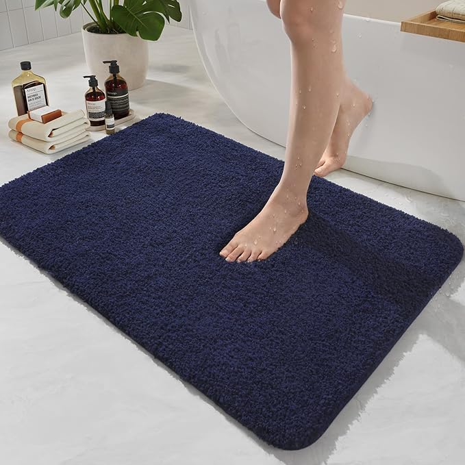 HOMORE Bathroom Rug Set 2 Piece,Soft Absorbent Bath Mats Set,Machine Washable Navy Blue Bath Rug Sets for Bathroom Non Slip,(21"x34"+21"x21") Plush Shaggy U Shape Contour Toilet