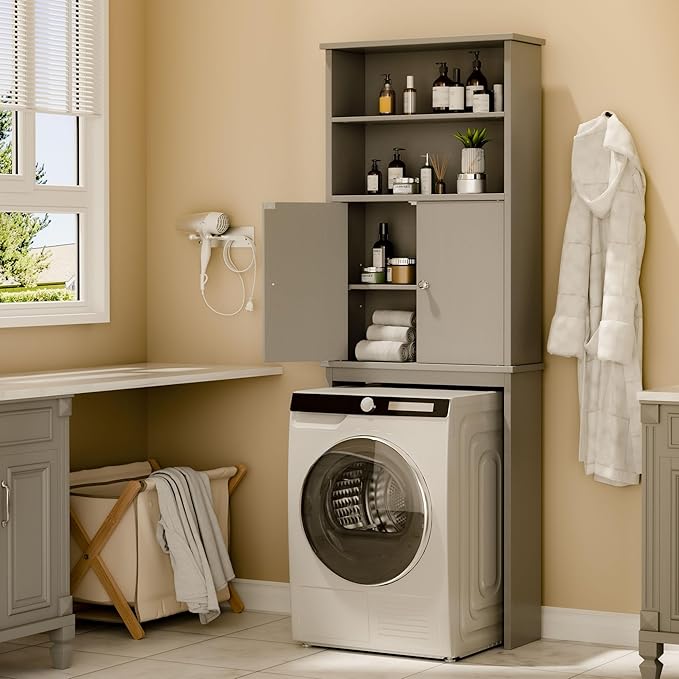 Walsunny Over The Toilet Storage Cabinet, Bathroom Organizer with Open Shelves and Double Doors, Space Saving Toilet Storage