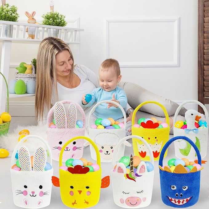DearSun Exquisite Embroidery ! Personalized Plush Goose Basket Easter Egg Hunting Basket Easter Basket with Embroidery Name (Plush White Goose)