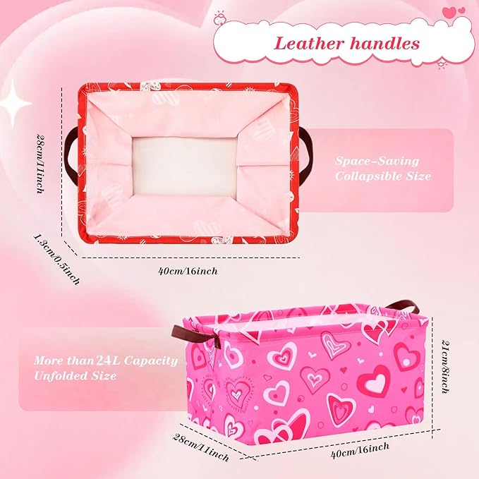 3 Pack Valentine's Day Storage Baskets Waterproof Canvas with Leather Handles Collapsible Storage Bins Cube Baskets for Closet Clothes Room Decor Gift Basket (Heart)