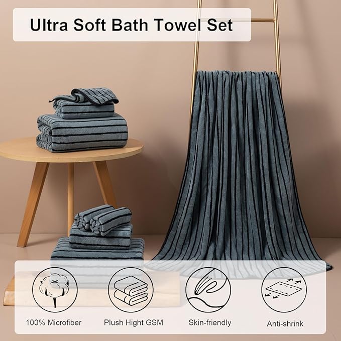 8 Pcs Grayish Blue Cabana Stripe Large Bath Towel Oversized Bath Sheet-2 Bathroom Towels,2 Hand Towels,4 Washcloths Soft Jumbo Absorbent Shower Towel Quick Dry Beach Chair Spa Gym Hotel Towel
