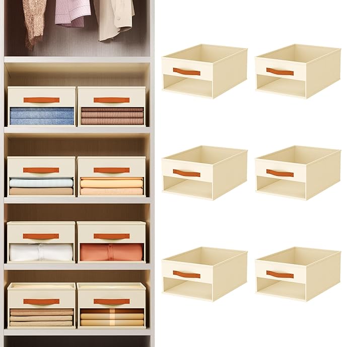 Closet Organizers and Storage - 6 Pack Storage Bins Baskets for Organization Foldable Closet Organizer with Clear Window & Handles for Clothes, Toys, Towels, Small Essentials (Beige)