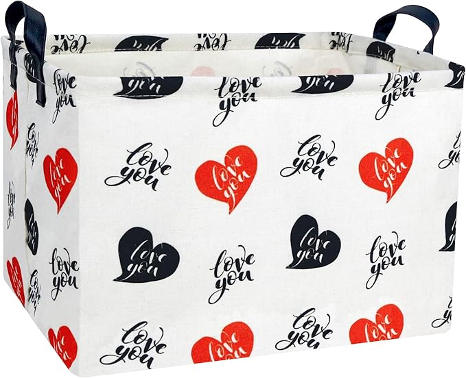 Large Valentine's Day Basket Heart Shaped Storage Bin for Gifts Collapsible Organizer Room Decor (Red Black Love You)