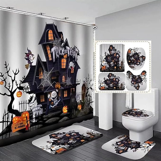 Halloween Pumpkin Waterproof Shower Curtain,with Non-Slip Rugs,Toilet Lid Cover and Bath Mat,Bathroom Shower Decor Accessory Set
