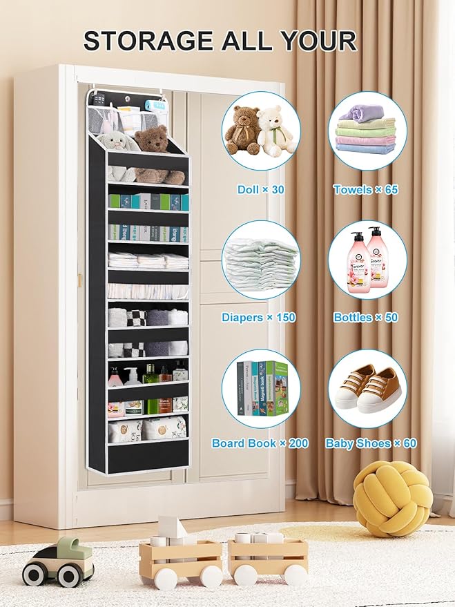 Over the Door Storage Hanging, 6 Tier Behind Door Organizer for Bedroom Nursery Closet to Store Diapers/Toys/Shoes/Sundries/Stuffed Animals/Bags, 1 Pack, Black