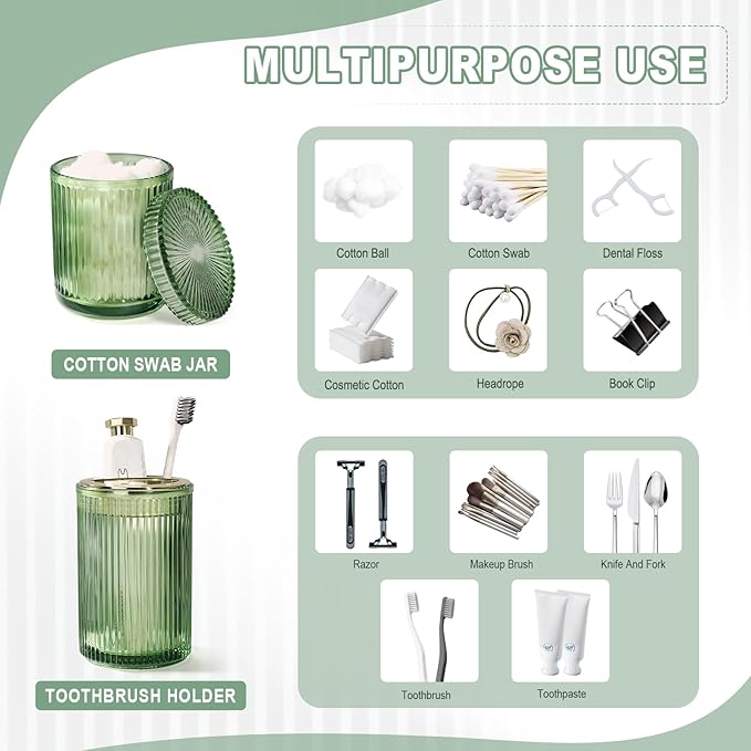 Green Glass Bathroom Accessories 4 Pcs, Green Bathroom Set, Soap Dispenser and Toothbrush Holder Set, Qtip Holder Set, Vintage Bathroom Sink Set, Cute Bathroom Decor