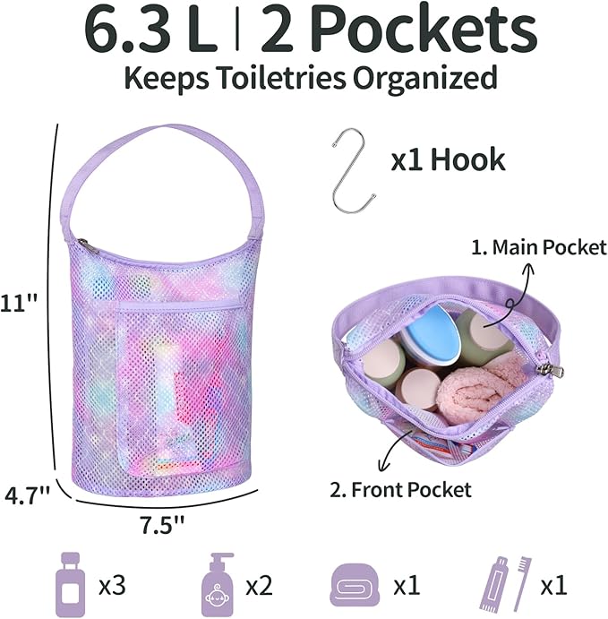 Kids Mesh Shower Caddy - Small Portable Toiletry Tote Bag for Camp Dorm Gym, Quick Dry Hanging Organizer with Zipper Pocket, Purple Mermaid