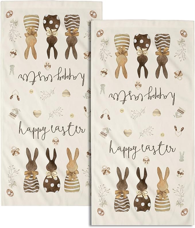 Happy Easter Hand Towels Rabbit Bunny Kitchen Towels Set of 2 Soft Absorbent Beige Easter Flowers Bath Towels 14x28 Inch Spring Holiday Dish Towels for Bathroom Kitchen Bar Tea Gym Spa Decor