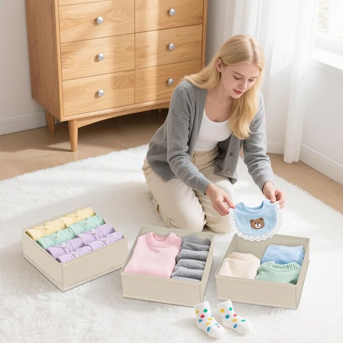 Dorisun Drawer Organizer Clothes 12 Pack, Dresser Closet Organizers For Baby Clothes Underwear, Sock Beige
