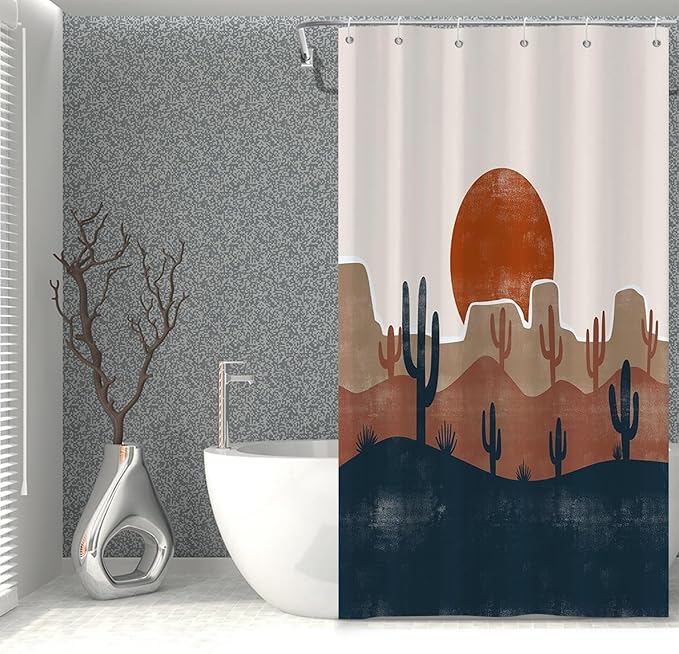 Abstract Mid Century Bohemian Bathroom Shower Curtain Desert Cactus Red Sun Curtain with Hooks, Waterproof Polyester Fabric, 36x72 Inch