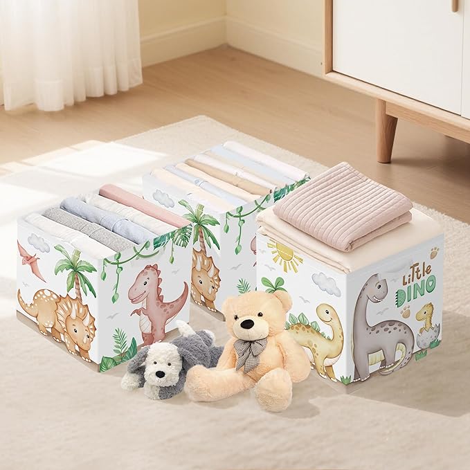 Clastyle Dinosaurs Storage Cube Organizer Set Plants Closet Clothes Cube with Metal Frame Foldable Parents Organizer Storage Basket for Book Toy,Brown,11.8x11.8x11.8 in