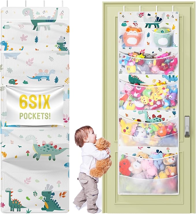Yecaye Stuffed Animal Storage, Hanging Organizer for Stuffed Animals with 6 Expandable Mesh Net Pockets, Stuffed Animal Hammock, Over the Door Organizer, Dinosaur Print
