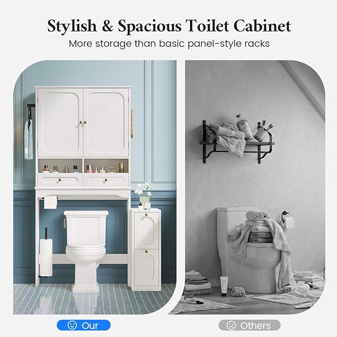 Over The Toilet Storage Cabinet with Free-Standing Cabinet & Towel Holder, Bathroom Storage Cabinet with 4 Section Drawers, Adjustable Shelves & Paper Holder for Bathroom, Laundry Room, White