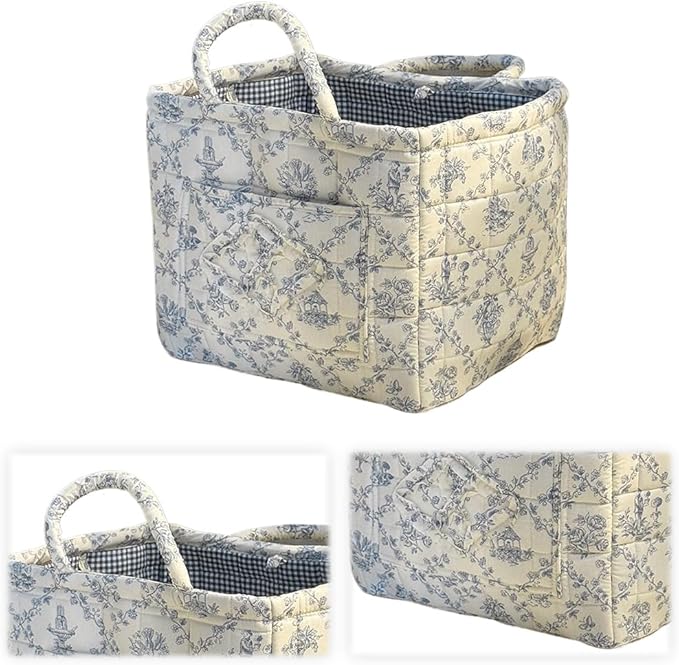 JQWYGB Foldable Laundry Basket Boho Bear Storage Basket Floral Quilted Fabric Car Storage Basket Handles Large Laundry Baskets for Clothes and Dolls