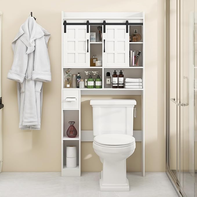 Over The Toilet Storage Cabinet, Farmhouse Storage Cabinet Over Toilet with Sliding Doors，Home Space-Saving Toilet Rack, for Bathroom, Restroom, Laundry,White