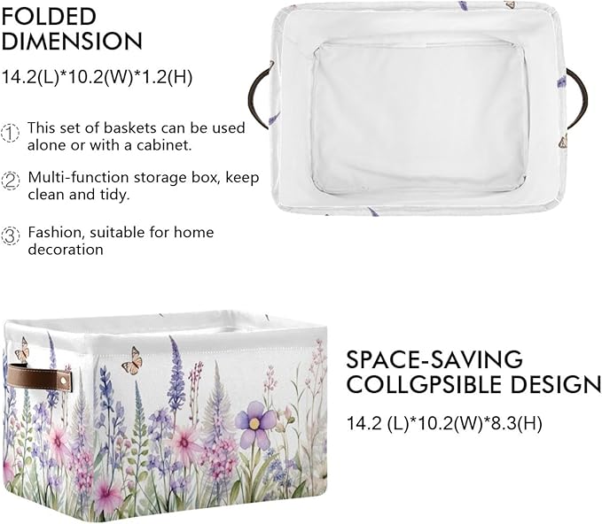 YETTASBIN Herbal Wildflowers Storage Basket 2pc, Large Collapsible Toys Clothes Organizer, Durable Canvas Storage Bin with Handle for Shelves Closet Laundry Home Office Decor