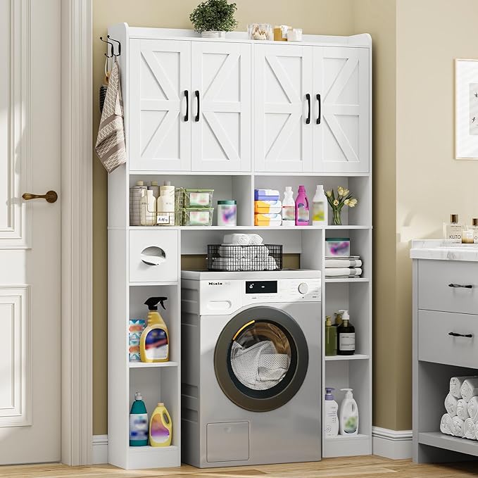 Vabches Over The Toilet Storage Cabinet with 4 Barn Doors, Bathroom Organizer with Toilet Paper Holder & Adjustable Shelves, Space-Saving Farmhouse Toilet Shelf for Bathroom,Restroom,Laundry