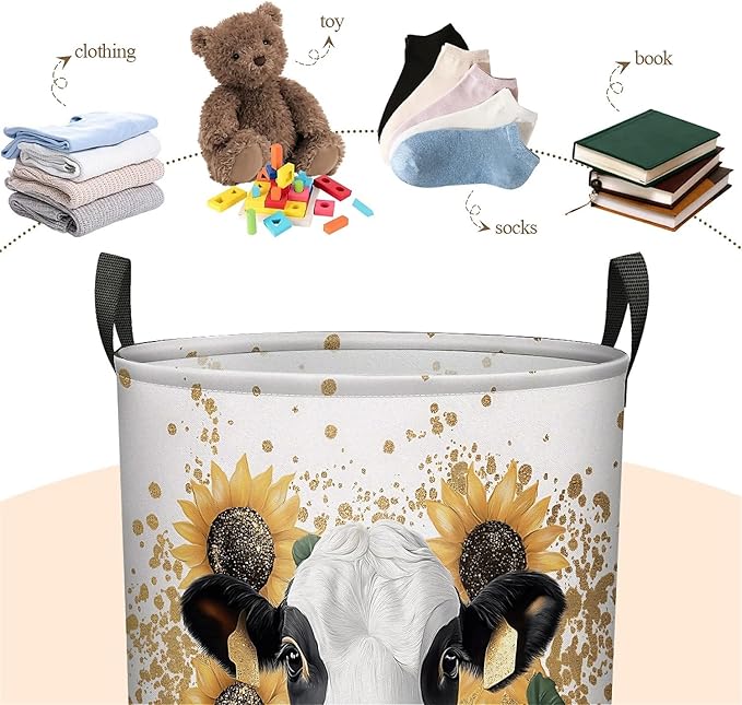 Cow Sunflower Laundry Basket, Large Canvas Collapsible Organizer Storage Basket for Nursery,Office,Toy Organizer,Home,Decor - 19.7" X 15.7 "