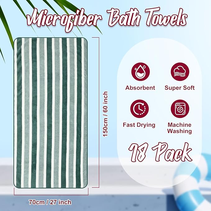 18 Pack Microfiber Bath Towels Bulk 27'' x 60'' Oversized Size Bath Towel Highly Absorbent Extra Large Soft Drying for Shower Beach Winter Salon Sport Gym Party (Stripes,Neutral)