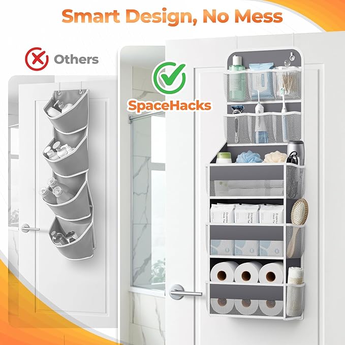 5-Tier Over The Door Organizer with Mesh Pockets, Baby Nursery Storage for Closet, Bathroom and Bedroom, Adjustable Hanging Closet Organizer for Cosmetics, Books and Essentials（Dark Grey）