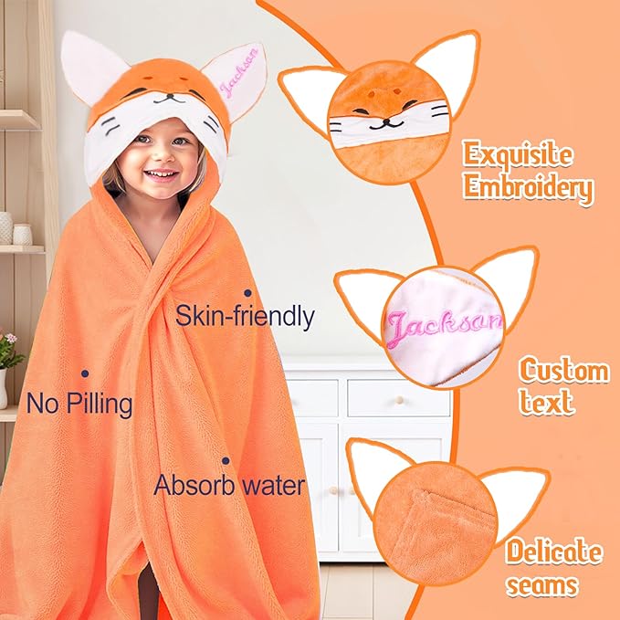 Baosity Custom Hooded Baby Towel with Name, Soft and Absorbent Customized Fox Toddler Towels, Baby Bath Towel for Boys and Girls, Easter Birthday Towel for Kids，Babies, Toddlers, Newborns Essential