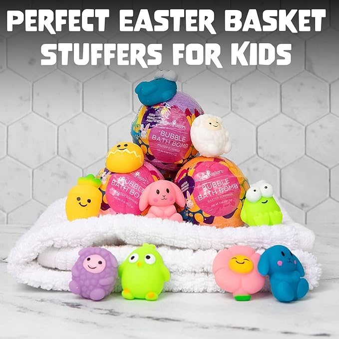 Easter Bath Bombs for Kids with Surprise Toys Inside (6 Pack) - Kids Easter Basket Stuffers for Boys and Girls - Large Spring Bubble Bomb, Made in USA, Incredible Fragrances & Colors by Two Sisters