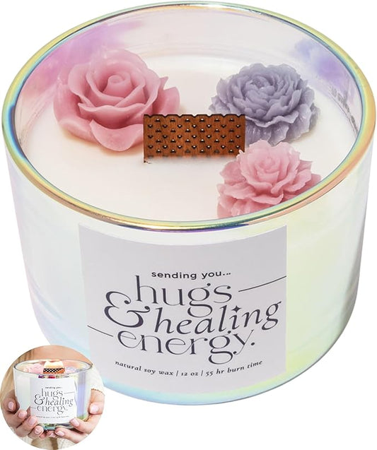 Hugs and Healing Energy Sympathy Candle. 12oz Wooden Wick Candle with Natural Soy Wax. Memorial, Grief Gift for Loss of Loved One, Get Well Soon Gift with Iridescent Glass Jar & Floral Design