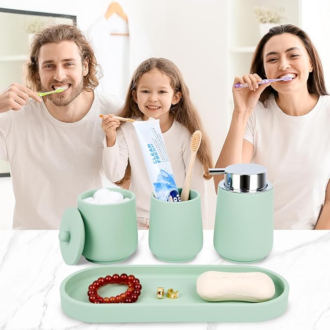 Green Bathroom Accessories Set - 4 Pcs Bathroom Accessory Set with Toothbrush Holder,Lotion Soap Dispenser,Qtip Holder Dispensr & Vanity Tray,Bathroom Countertop Vanity Oganizer - Green