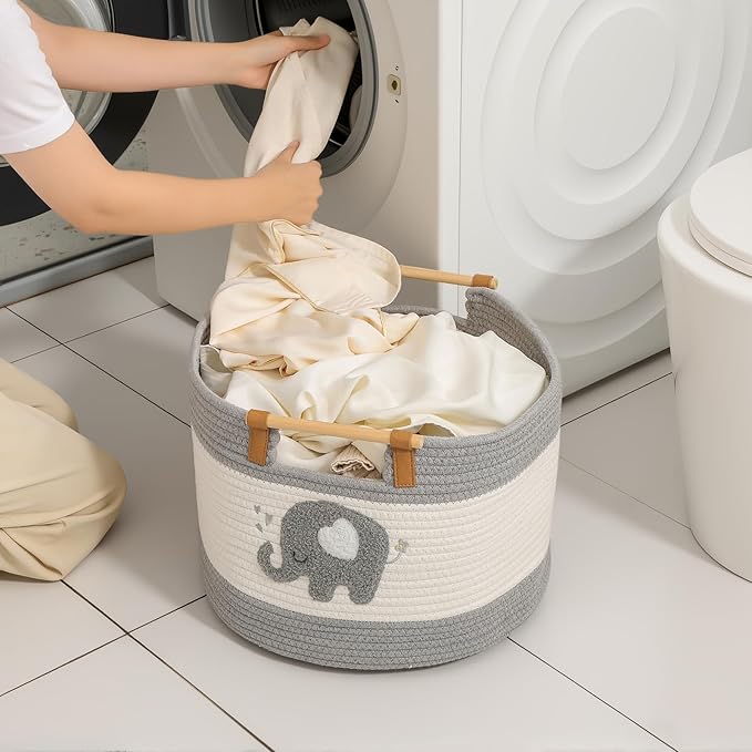Large Blanket Basket 35L Cotton Rope Basket with Wooden Handles Woven Baskets for Kids Stuffed Animal Toys Storage for Nursery, Laundry Hamper Clothes Baby Hamper Boys Gift Basket Empty, (Elephant ）
