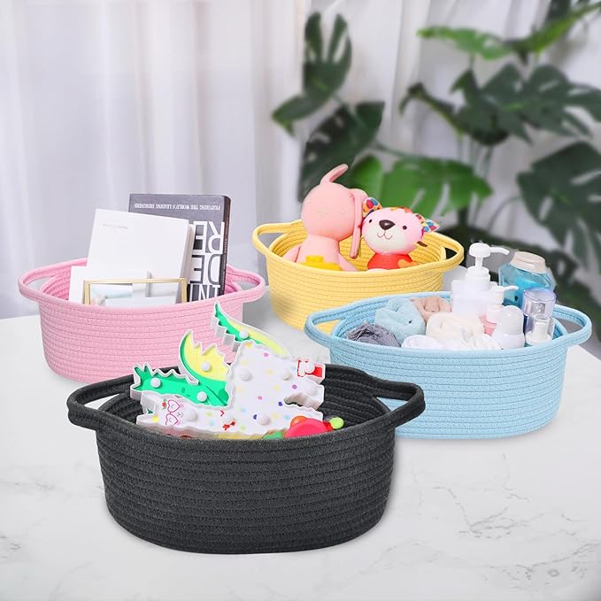 ABenkle Small Basket with Handles - Decorative Durable Rope Woven Storage Bin Shelf Storage Organizer Cube, Easter Baby Gift Basket, 12"x8"x5", Black