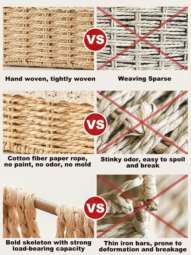 Wicker Baskets with Liner for Counter, Natural Paper Rope Rattan Storage Basket,Hand Woven Pantry Table Organizer Bins for Bedroom Living Room School Shelves Office Desk (3 Pack Beige)