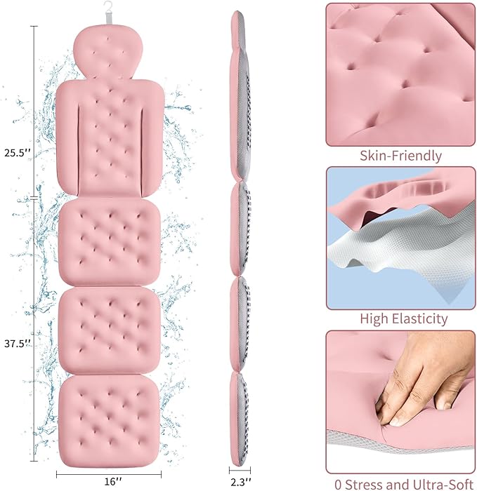 Luxury Bath Cushion, Full Body Bathtub Pillow with 160 Suction Cups, Bath Mat for Head and Neck Support, with Laundry Bag (Light Pink, 60" x 16")