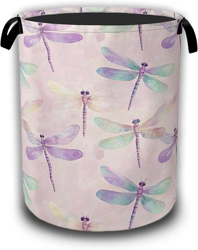 Watercolor Laundry Hamper,Purple Green Dragonfly Collapsible Laundry Baskets Waterproof Oxford Cloth With Handles,Clothes Storage Bucket Toy Organizer For Bathroom/Nursery/Bedroom 16" x 20.8"