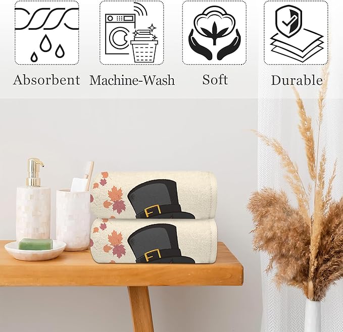 Happy Thanksgiving Bathroom Hand Towel Set of 2,Fall Thanksgiving Turkey Fingertip Kitchen Hand Towel,Soft Absorbent Decorative for Hotel Gym Yoga Home Decor 28"x14"