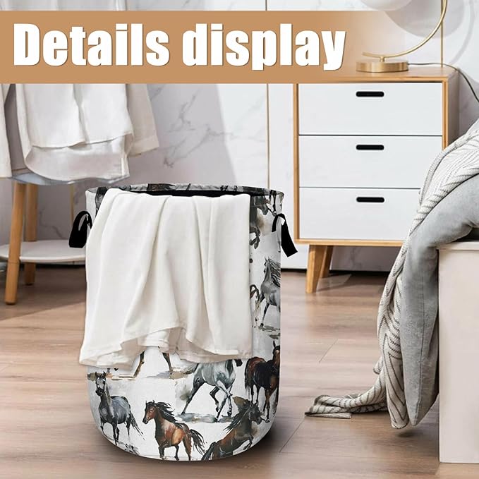 Watercolor Horse Laundry Basket, Foldable Waterproof Laundry Hamper Tote Bag Dirty Clothes Storage Bucket Toy Organizer for Bathroom/Laundry/Bedroom 15.7"x19.6"