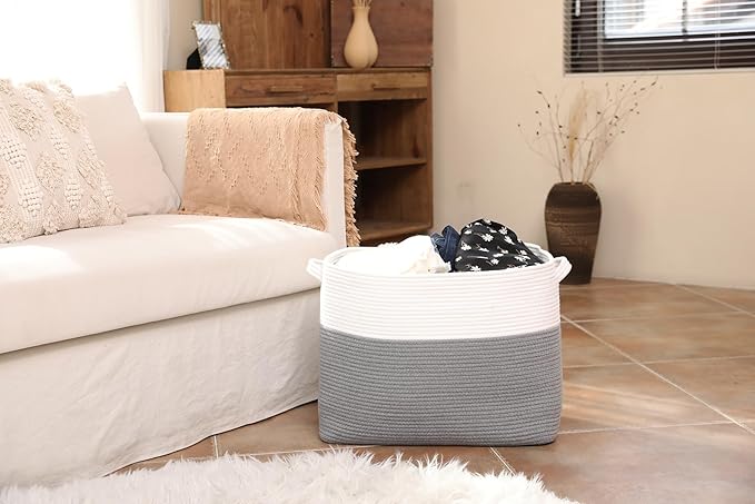 20"x12"x16" Mega Size Rectangular Extra Large Storage Basket, Rectangular Cotton Rope Storage Baskets, Woven Laundry Hamper, Cloth Storage Bin, for Clothes Blanket in Living Room, Grey Basket