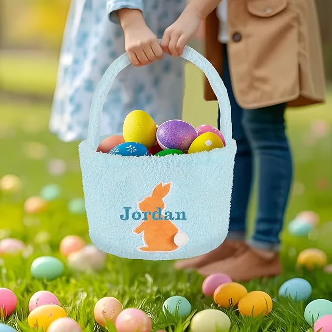 Easter Basket for Kids, VAPCUFF Easter Bunny Basket, Personalized Easter Baskets, Easter Basket with Name - - Blue Basket Brown Bunny
