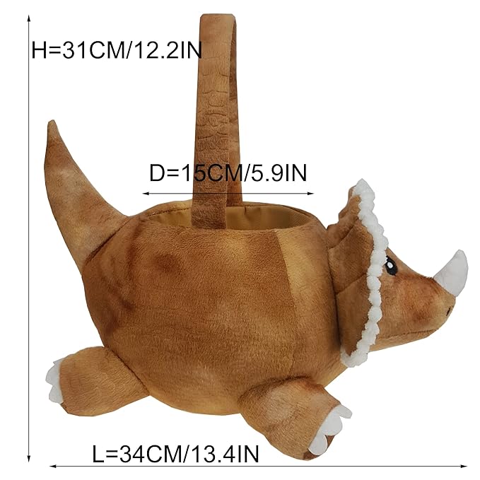 DearSun Personalized Easter Egg Hunting Basket 3D Plush Triceratops Dinosaur Basket with Embroidery Name (Brown Plush Triceratops Basket)