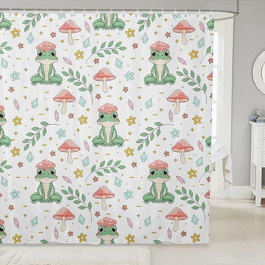 Green Frog Shower Curtains Pink Mushroom Shower Curtain For Bathroom Kawaii Tree Frog Bathroom Decor Curtain Cute Mushroom Frog Animals Farmhouse Bath Curtains Waterproof Mushroom Decor 72" W x 78" L