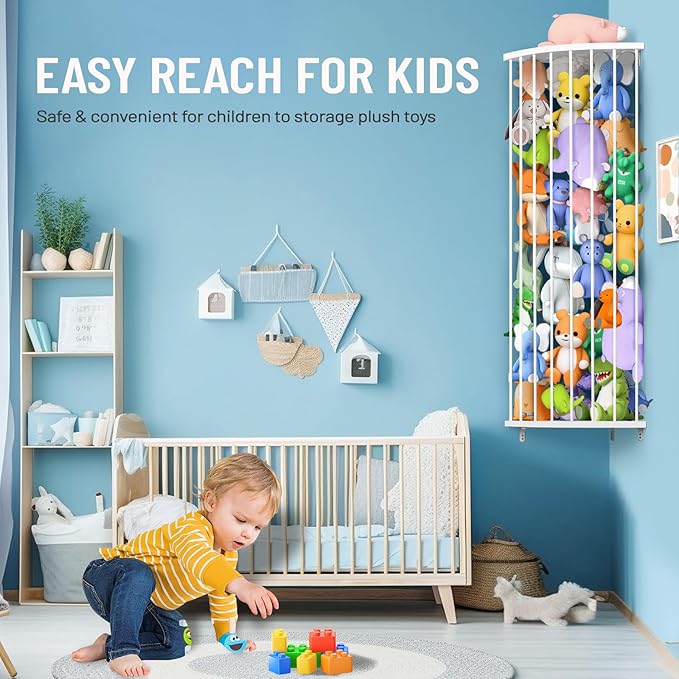 Sleek White Corner Stuffed Animal Storage Shelf | Adjustable Height (44"-71") | Durable Hanging Stuffed Animal Toy Plush Organizer for Modern Nursery, Kids' Bedroom & Playroom