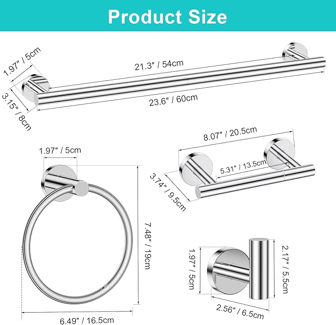 5 Pieces Polished Chrome Round Towel Bar Set Bathroom Hardware Accessories Set Upgraded Toilet Paper Holder Towel Racks Set for Bathroom Stainless Steel Wall Mounted 23.6 in