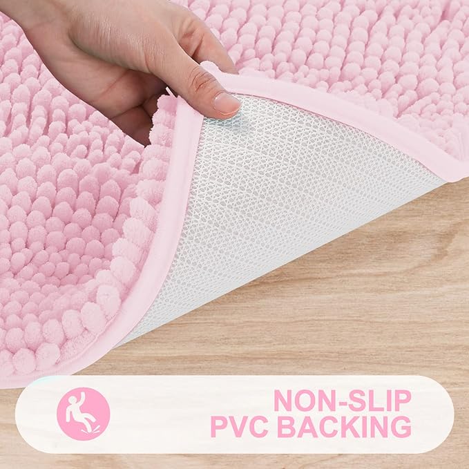 Grandaily Chenille Striped Bathroom Rugs 24x16, Extra Thick and Absorbent Bath Mats, Non-Slip Soft Plush Shaggy Shower Carpet, Machine Wash Dry, Bath Rug for Bathroom, (Small, Pink)