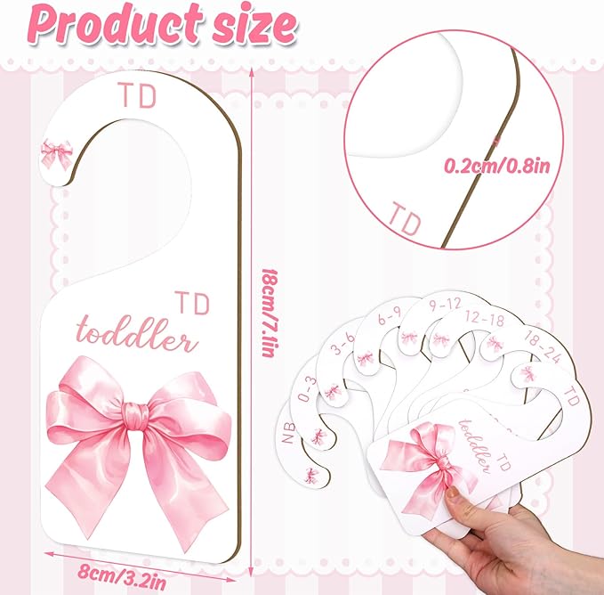 8Pcs Pink Bow Baby Closet Dividers Watercolor Bowknot Hanging Paper Closet Organizer Thicken Baby Wardrobe Organizer for Home Nursery Baby Shower