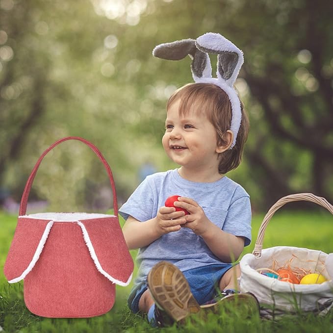 Easter Bunny Basket, Cute Easter Bucket Bags with Rabbit Ears for Easter Eggs Hunting, Plush Easter Bunny Basket, Easter Tote Bags for Candy Storage Decorations (Red)