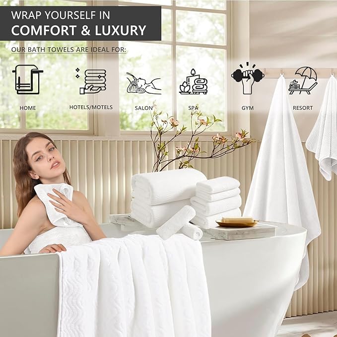 8 Piece Bath Towel Set White|2 Oversized Large Bath Sheet,2 Hand Towels,4 Washcloths| Ultra Soft Cozy Bath Towel Set for Bathroom Hotel Gym Spa,Highly Absorbent & Quick Dry Bathroom Towel Collections