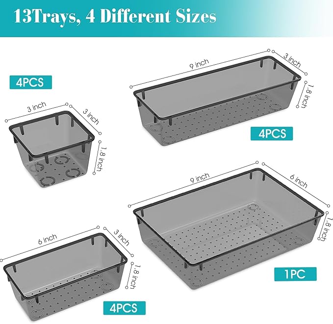 13 PCS Clear Plastic Drawer Organizers Set, 4 Size Desk Drawer Organizer Trays for Makeup, Jewelry, Kitchen Utensils, Gadgets and Office Accessories, Black