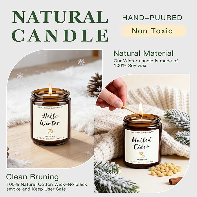 4 Pack Winter Candles - 28oz Soy Candle Set, Winter Scented Candles with Apple Cinnamon, Fir Balsam, Mulled Cider, Sandalwood – Holiday Candle Gifts for Women, Mothers, Galentines Day & Cozy Nights