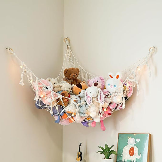 Stuffed Animal Storage Macrame Hammock w/String Lights, Large - Boho Room Decor Toy Storage - Corner Hanging Plushie Stuffed Animal Net Organizer (White)
