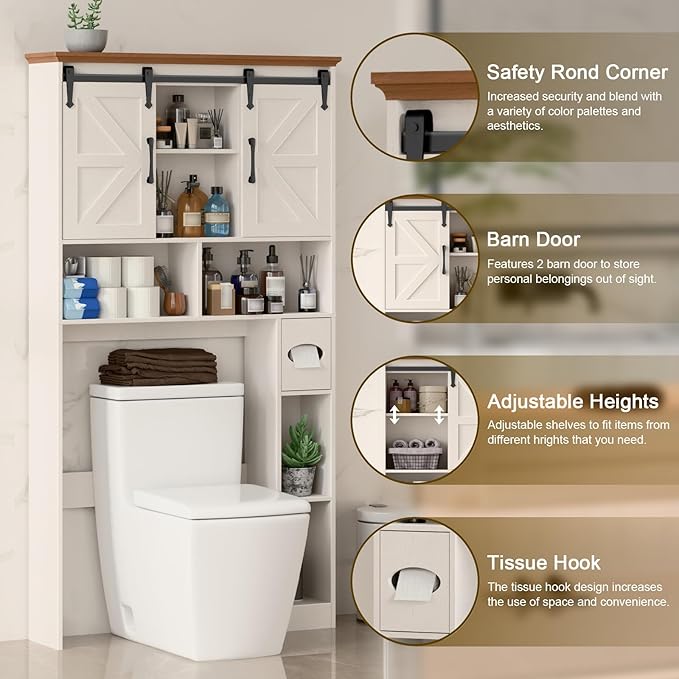 Over The Toilet Storage Cabinet,Farmhouse Space-Saving Toilet Rack With 2 Sliding Barn Doors,Bathroom Organizer with Toilet Paper Holder Stand & Storage Shelves,for Laundry, Restroom, Bathroom