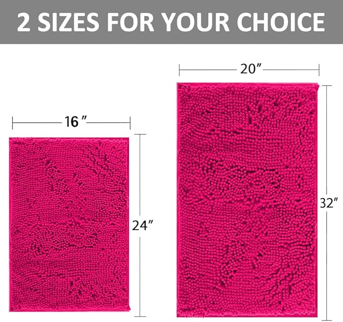 Hot Pink Chenille Striped Bath Rug Set - 20" x 32"/16" x 24" Non Slip Thick Soft Bath Mats for Bathroom, Kitchen/Living Room